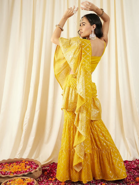 Printed Crop Top with Sharara & Attached Dupatta For Women | Ready to wear Sharara Pant Saree VitansEthnics