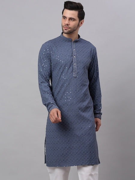 Men Grey Geometric Sequin Embroidered Kurta VitansEthnics