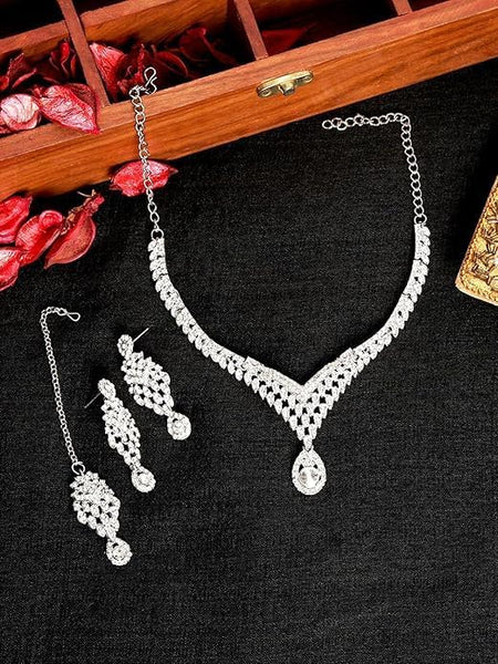 Bridal Crystal Jewelry Set for Women Necklace Earrings Maangtikka Set Wedding Silver Plated VitansEthnics
