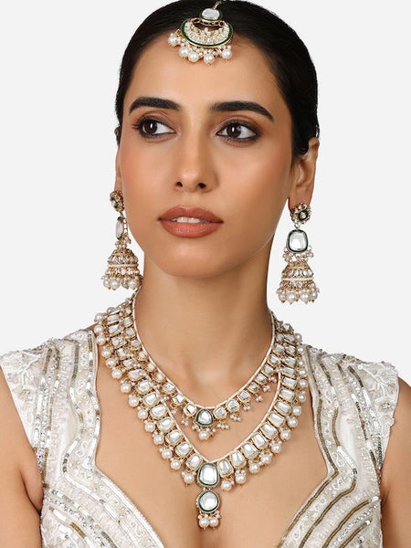 Gold Plated Kundan Studded & Pearls Beaded Jewellery Set VitansEthnics