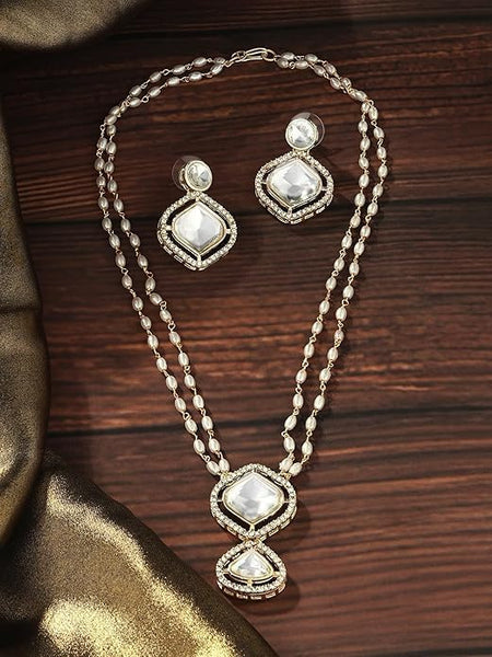 Women Gold Tone Double Layered Austrian Diamonds Beaded Necklace & Earring Set VitansEthnics