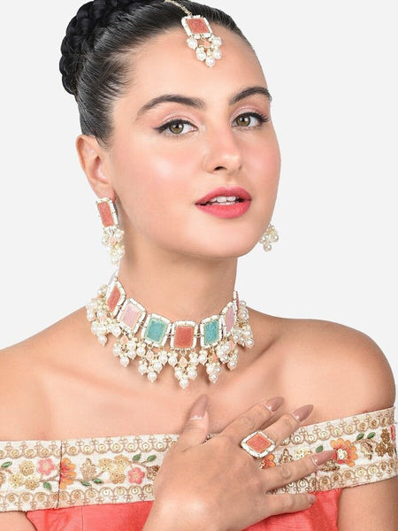 Gold Plated Stone Studded Pearl Beaded Jewellery Set, Indian Wedding Jewelry, Bridal Set VitansEthnics
