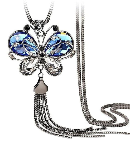 Platinum Plated Crystal Butterfly Pendant Necklace VitansEthnics