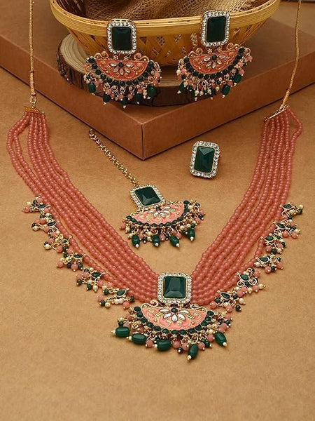 Peach & Green Multistrands Bridal Necklace Earring Maangtikka & Ring Set For Women VitansEthnics