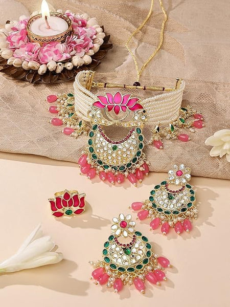 Women Green & Pink Meenakari Lotus Multistrand Pearls Choker Necklace Earring & Ring Set VitansEthnics