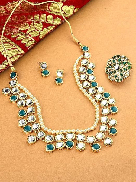 Green Kundan Multi Layers Necklace Earring & Ring Set For Women VitansEthnics