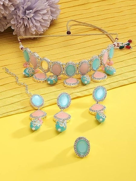 Turquoise Blue Pink Ethnic Choker Necklace Earring Maangtikka Ring Set For Women VitansEthnics