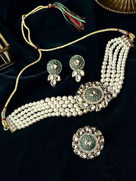 Green Enamel Multistrand Kundan Choker Necklace Earring & Ring Set For Women VitansEthnics