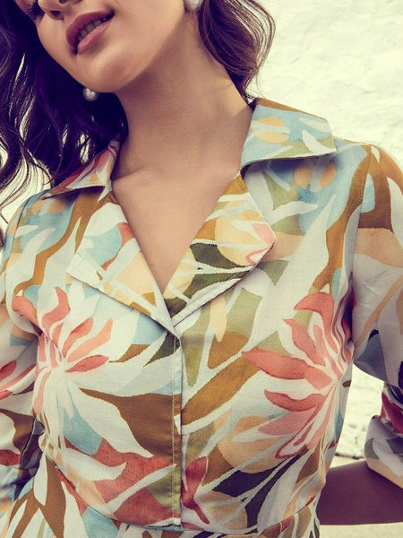 Cream-Coloured & Teal Printed Jumpsuit VitansEthnics