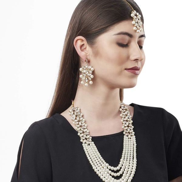 Women Gold Plated Bridal Long Necklace Set Neck Choker with Earrings and Maang Tikka VitansEthnics