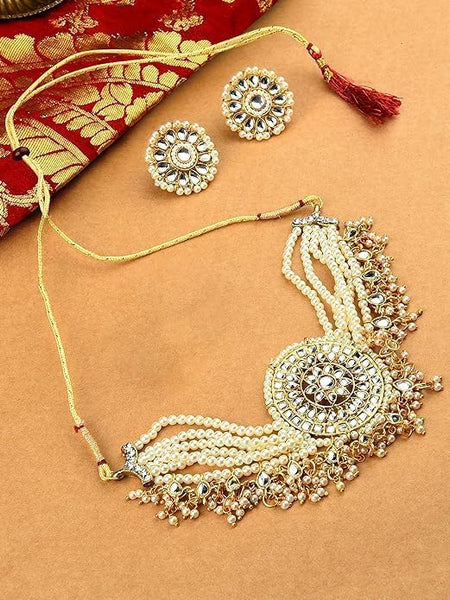 Gold Tone Kundan & MultiStrand Pearls Choker Necklace & Earring Set For Women VitansEthnics