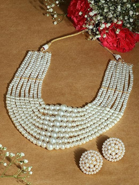 White Pearls Beaded Multistrand Statement Choker Necklace & Earring Set For Women VitansEthnics