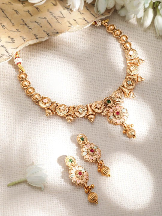Luxury 22KT Gold Plated Brass Red and Green Stone Studded Floral Jewelry Set VitansEthnics