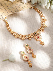 Luxury 22KT Gold Plated Brass Red and Green Stone Studded Floral Jewelry Set VitansEthnics