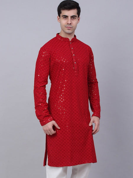 Men Red Geometric Sequin Embroidered Kurta VitansEthnics