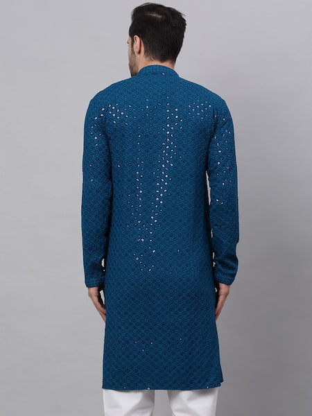 Men Teal Geometric Sequin Embroidered Kurta VitansEthnics
