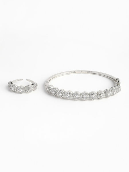 Women Silver-Toned AD Studded Bangle Style Kada Bracelet with Matching Ring VitansEthnics