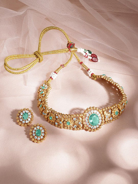 24K Gold Plated Handcrafted Mint Green Intricate Choker Jewellery Set For Women VitansEthnics