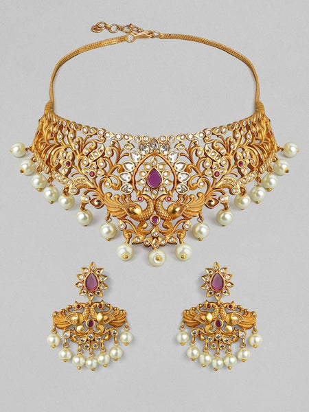 22K Gold-Plated White & Pink Ruby Stone-Studded Beaded Handcrafted Jewellery Set VitansEthnics