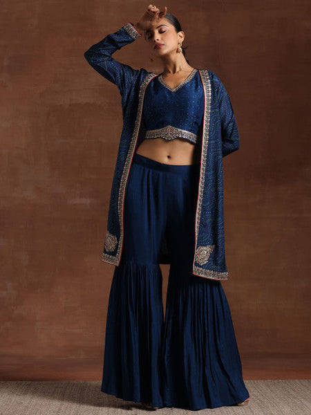Embroidered Crop Top With Sharara and Shrug Set VitansEthnics