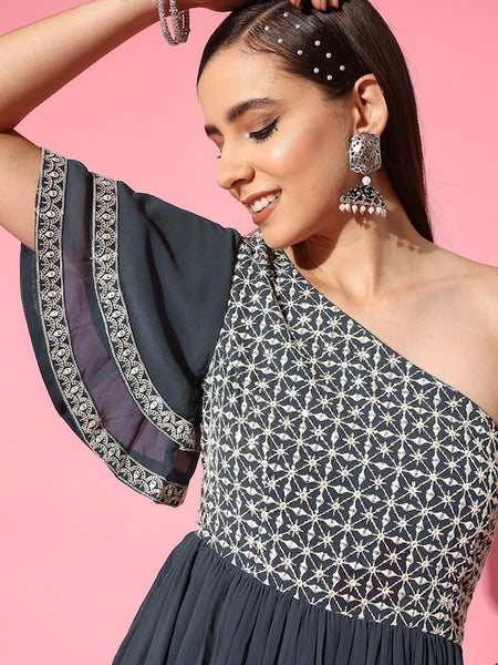 Designer Embroidered One Shoulder Indian Dress For Women, Embellished Indo Western Dress, Dresses For Women, Party Wear Indian Outfit VitansEthnics