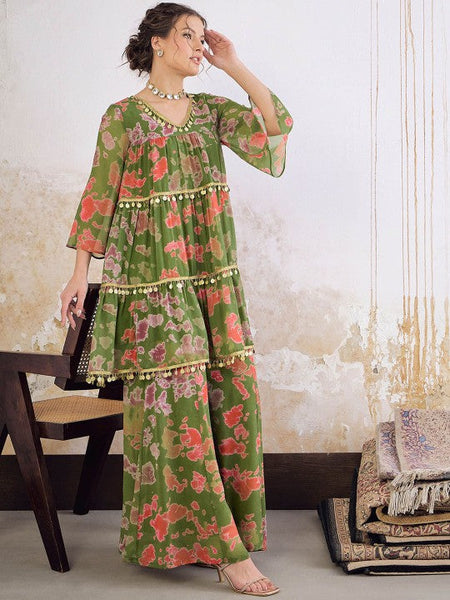 5Printed Sequin Embellished Flared Kurti with Palazzo For Women, Co-Ords Set, Indo Western Outfit, Ethnic Indian Dress, Fusion Suit Set VitansEthnics