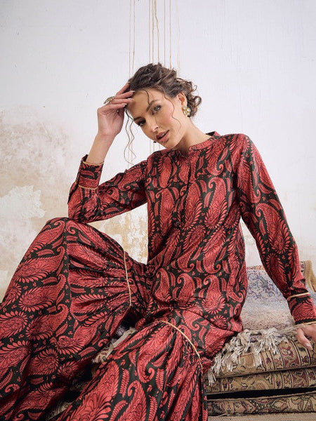 1Long Sleeves Mandarin Collar Kurta with Sharara For Women, Palazzo Kurti Set, Coord Set, Indo Western Outfit, Sharara Suit Kurti Set VitansEthnics