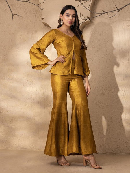 V Neck Slit Front Peplum Top With Palazzo Coord Set VitansEthnics