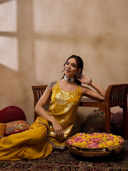 Sleeveless Woven Kurta With Sharara Pants Set VitansEthnics