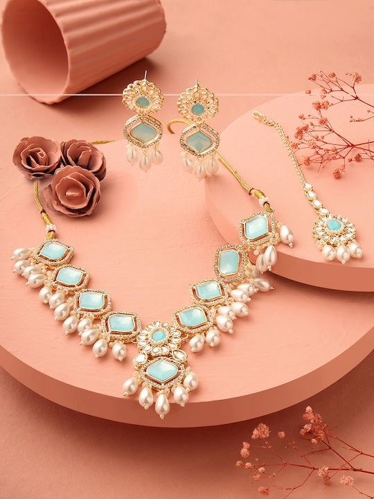 Gold Plated Austrian Diamonds Studded & Beaded Blue Jewellery Set VitansEthnics