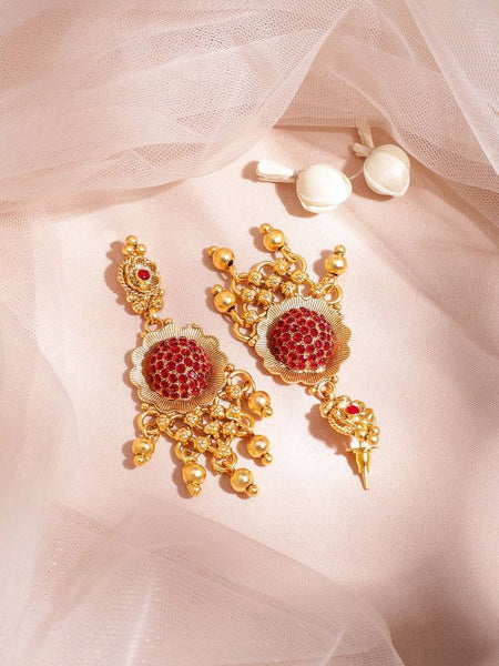 22K Gold Plated Pink Stone Studded & Gold Beaded Choker Necklace Set VitansEthnics