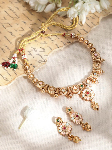 Luxury 22KT Gold Plated Brass Red and Green Stone Studded Floral Jewelry Set VitansEthnics