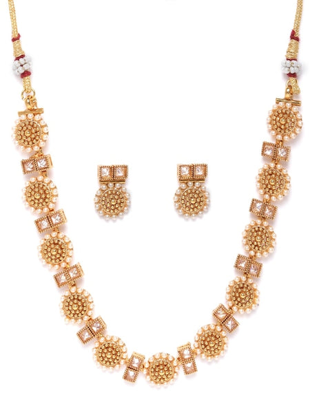 Cream-Coloured Gold-Plated Stone-Studded & Beaded Handcrafted Jewellery Set VitansEthnics
