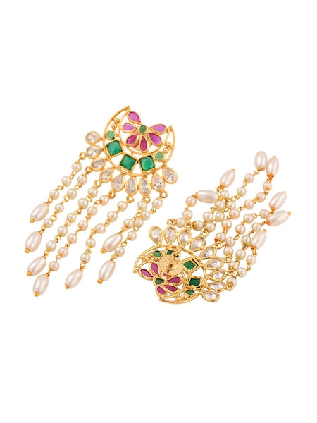 Gold-Plated Green AD Studded Crescent Shaped Drop Earrings VitansEthnics