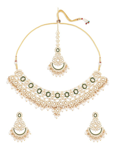 Gold Plated Kundan-Studded & Beaded Necklace And Earrings With Maang Tika VitansEthnics