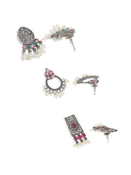Silver-Toned Floral Set Of 3 Jhumka Earrings VitansEthnics