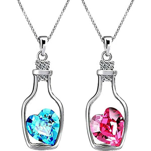 Set of 2 Platinum Plated Crystal Heart Pendant Necklace VitansEthnics
