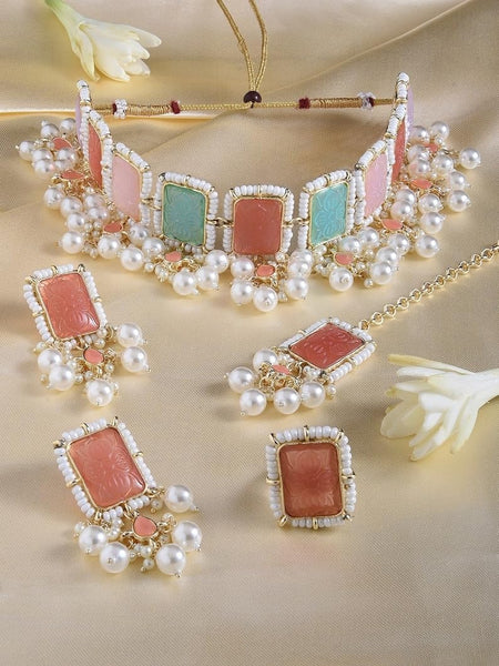 Gold Plated Stone Studded Pearl Beaded Jewellery Set, Indian Wedding Jewelry, Bridal Set VitansEthnics