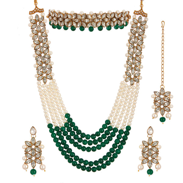 Women Gold Plated Bridal Long Necklace Set Neck Choker with Earrings and Maang Tikka VitansEthnics
