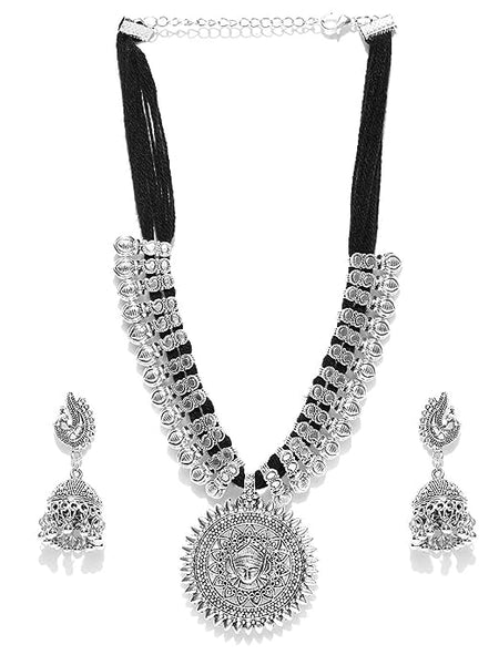 Antique German Silver Oxidised Plated Tribal Cotton Thread Jewellery Necklace Earring Set VitansEthnics