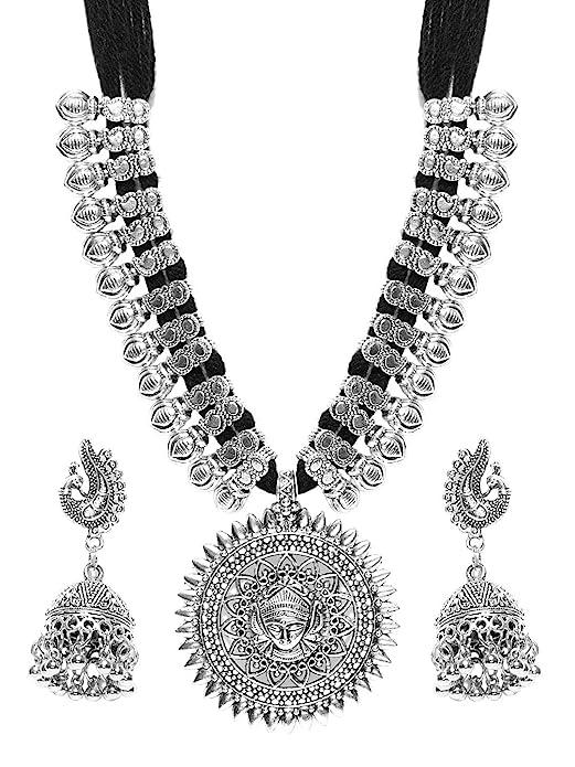 Antique German Silver Oxidised Plated Tribal Cotton Thread Jewellery Necklace Earring Set VitansEthnics