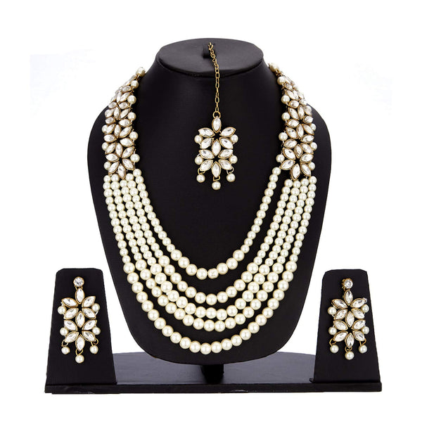 Women Gold Plated Bridal Long Necklace Set Neck Choker with Earrings and Maang Tikka VitansEthnics