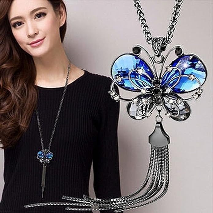Platinum Plated Crystal Butterfly Pendant Necklace VitansEthnics
