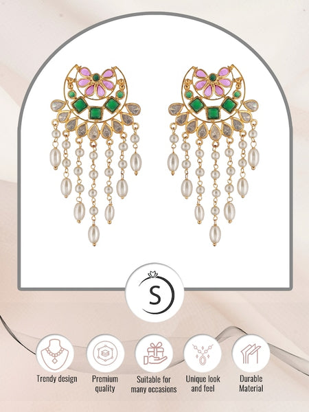 Gold-Plated Green AD Studded Crescent Shaped Drop Earrings VitansEthnics
