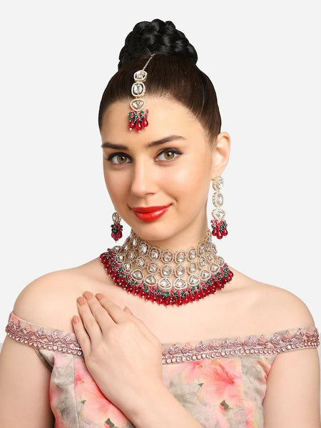 Gold Plated Crystal Studded & Beaded Jewellery Set VitansEthnics