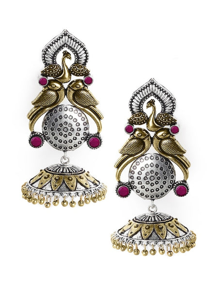 Silver-Plated & Gold-Toned Handcrafted Oxidised Peacock Shaped Jhumkas VitansEthnics