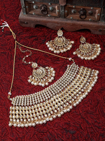 Gold-Plated & White Kundan-Studded & Beaded Bridal Jewelry Set VitansEthnics