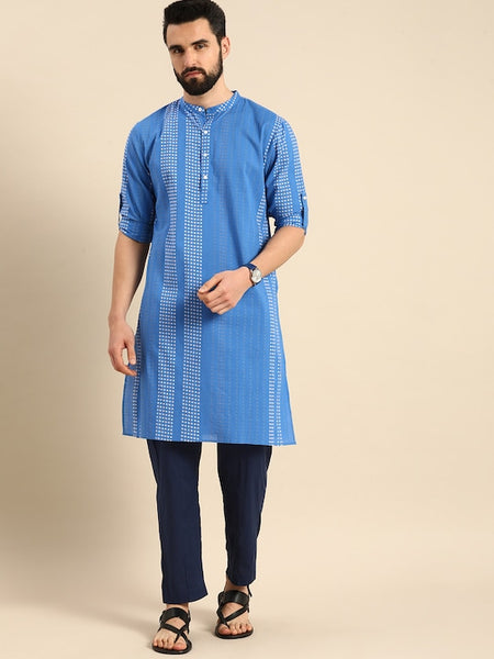 Men Blue Bandhani Printed Pure Cotton Kurta VitansEthnics
