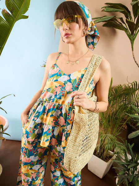 Women Floral Printed V Neck Top & Flared Trousers Co-Ord Set VitansEthnics