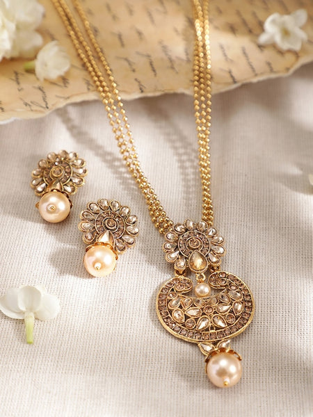 22K Gold-Plated Beige Kundan-Studded Beaded Handcrafted Jewelry Set VitansEthnics